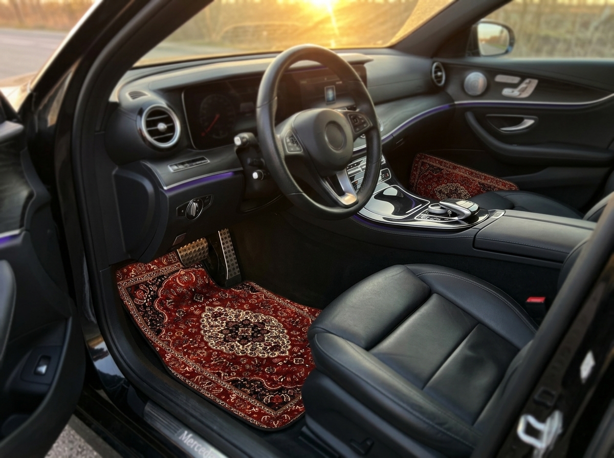 Hand-made Moroccan vintage car floor mats in luxury car interior