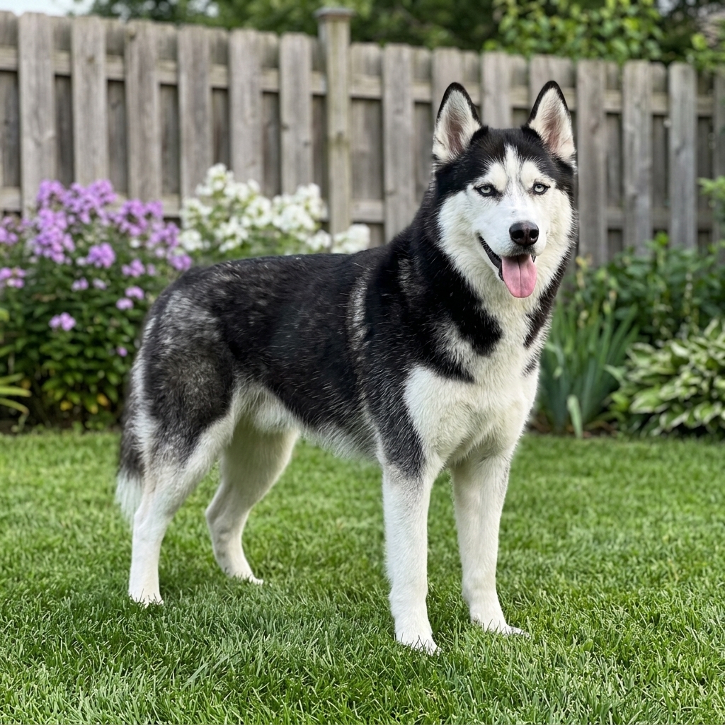 Pit Bull or Husky at fountain