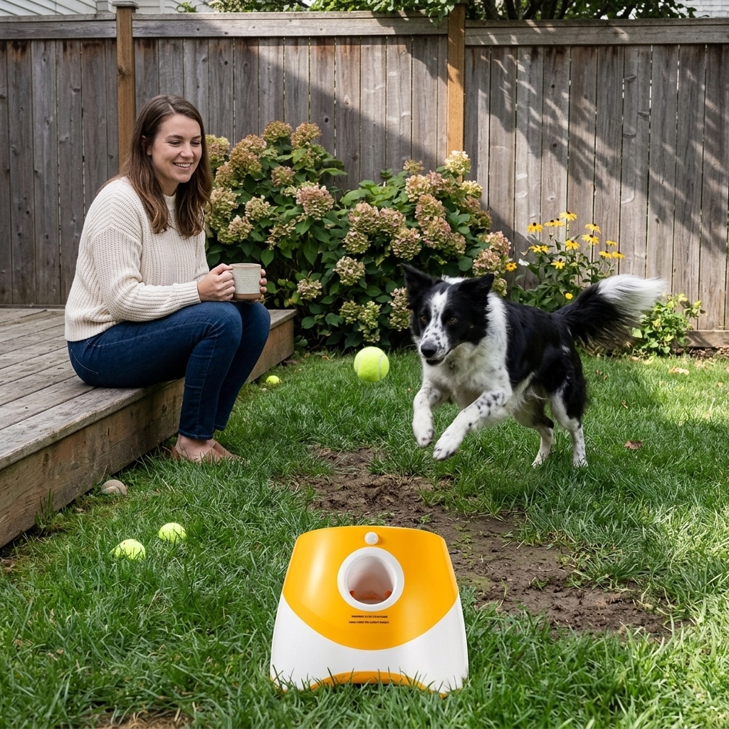 Happy dog chasing a tennis ball with relaxed owner watching