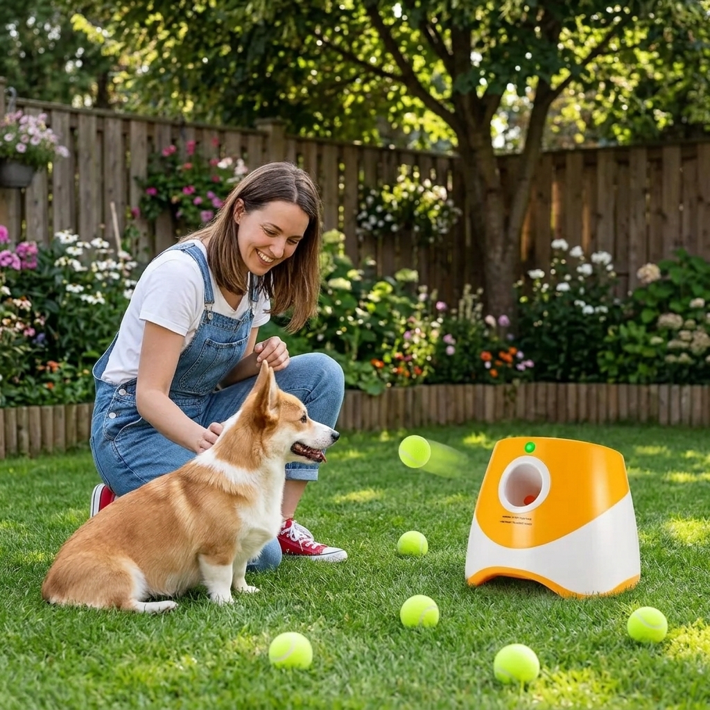 Owner supervising their dog during fetch with the launcher