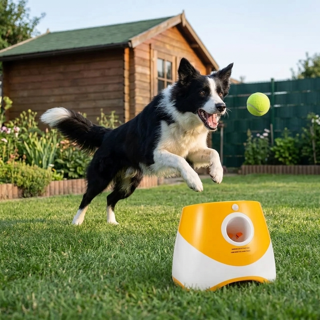 Border Collie sprinting toward a yellow ball