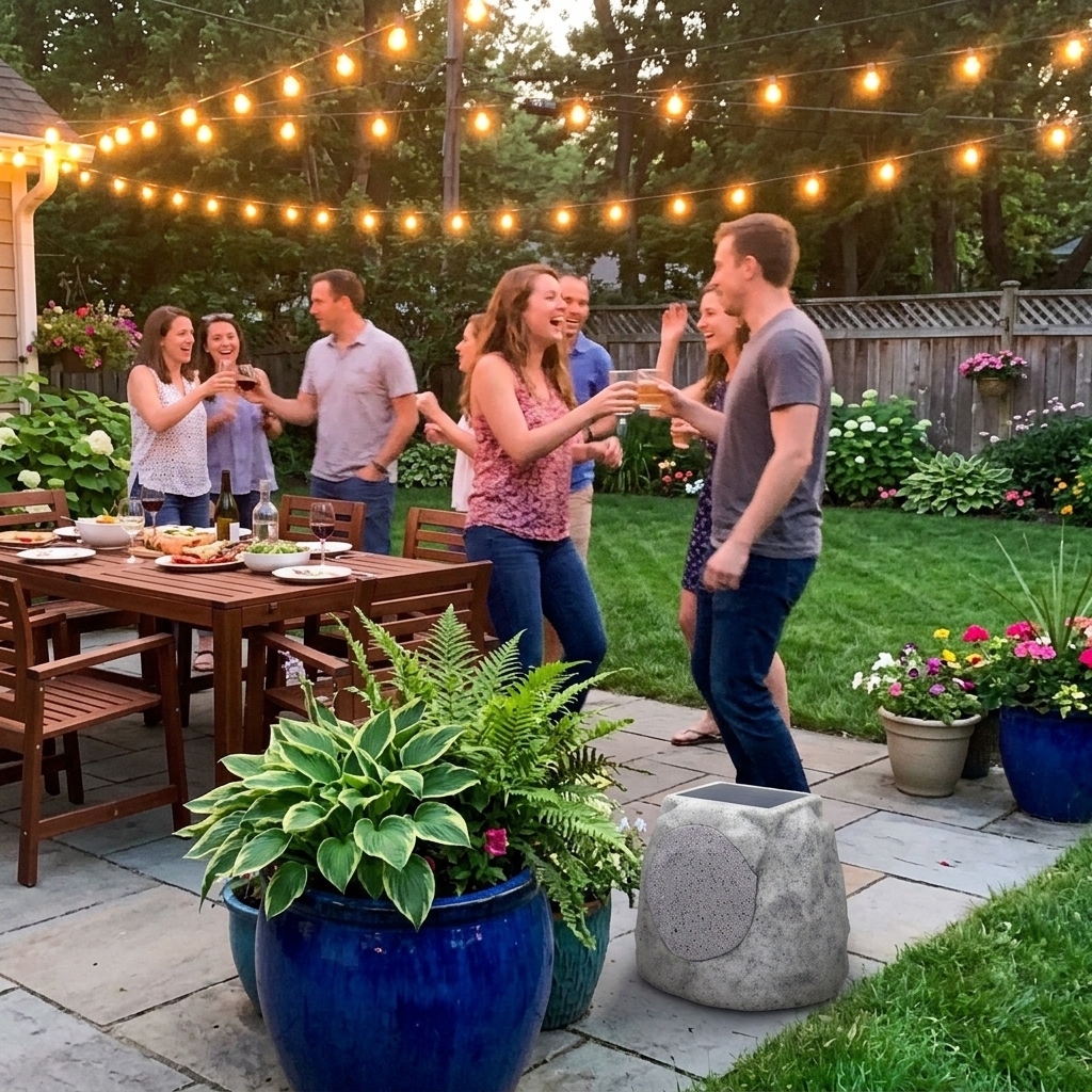 Outdoor evening gathering with rock speaker among landscaping, string lights overhead