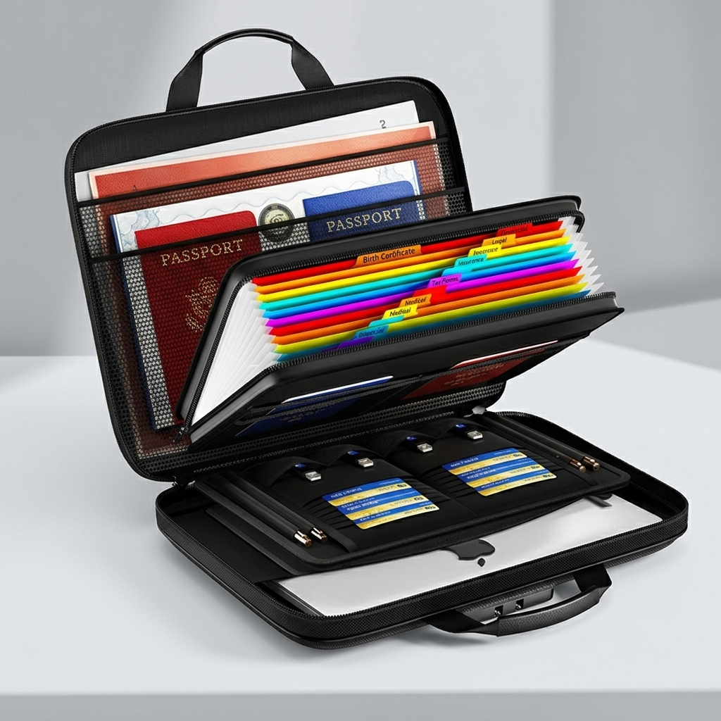 The Indestructible Organizer fully opened showing 13 labeled accordion pockets with real documents