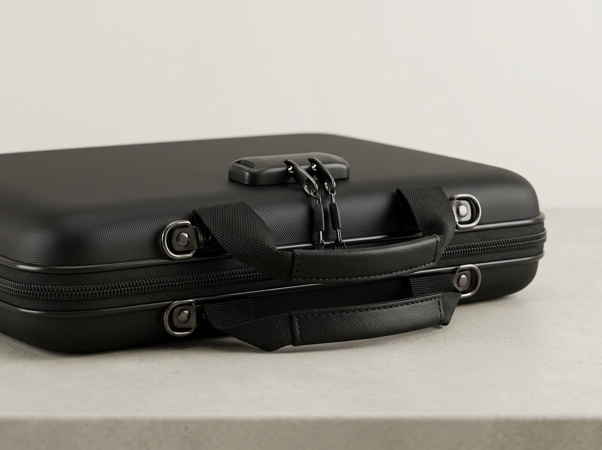 Close-up of combination lock and reinforced handle