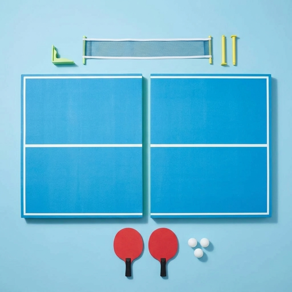 Top-down laydown of every PoolPong component: foam table halves, net, paddles, balls