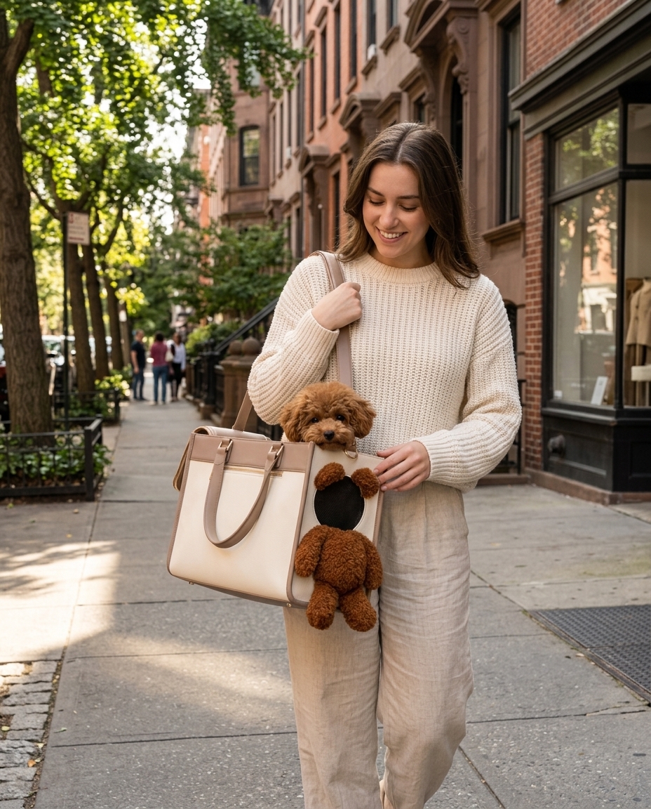 Woman walking in city with small dog in Venator tote bag