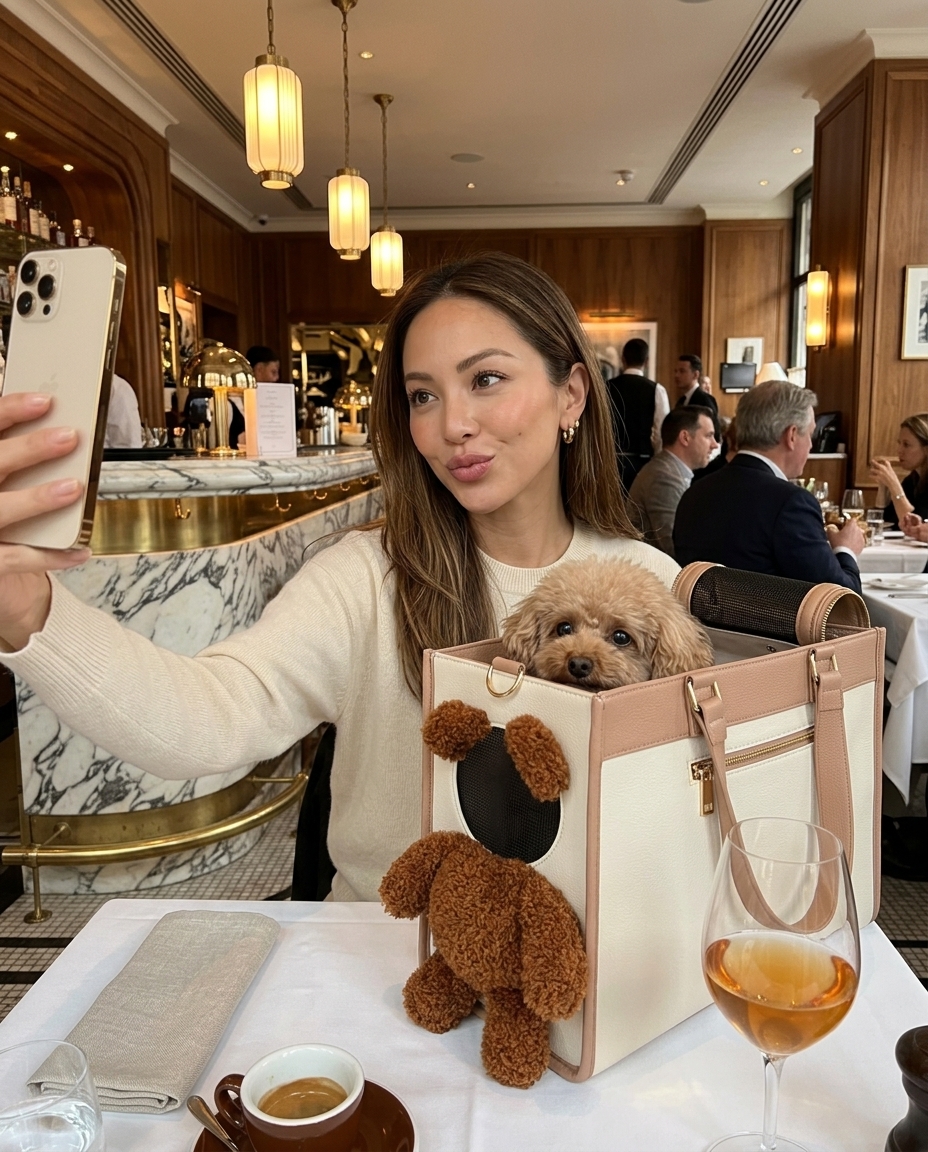 Venator toy dog tote bag styled in a café setting