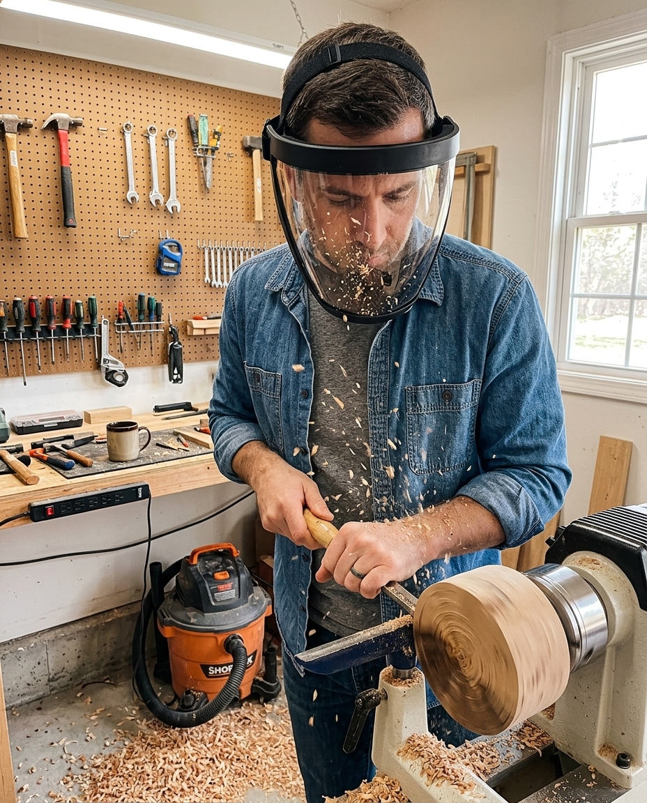 Workshop bench with running power tools and discarded safety glasses