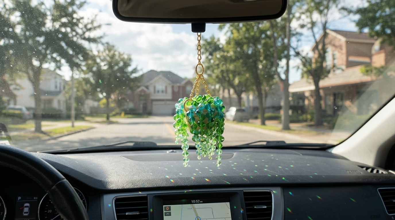 PearlCatcher Falling Emerald swaying gently from rearview mirror at golden hour