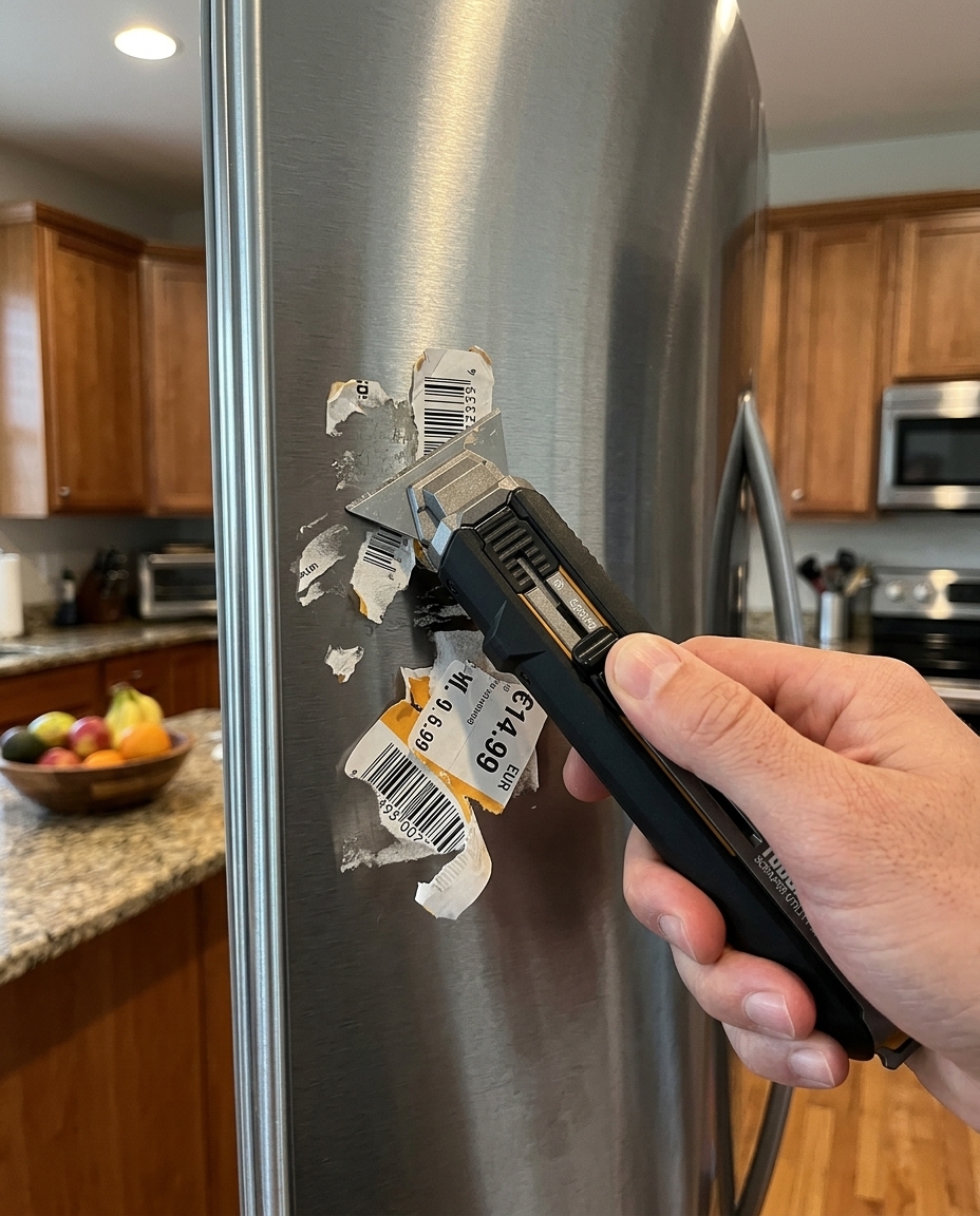 Scraping sticker residue off tool case