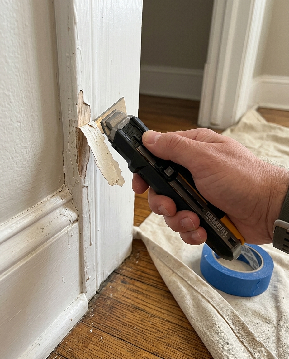 Scraping dried paint drip off baseboard trim