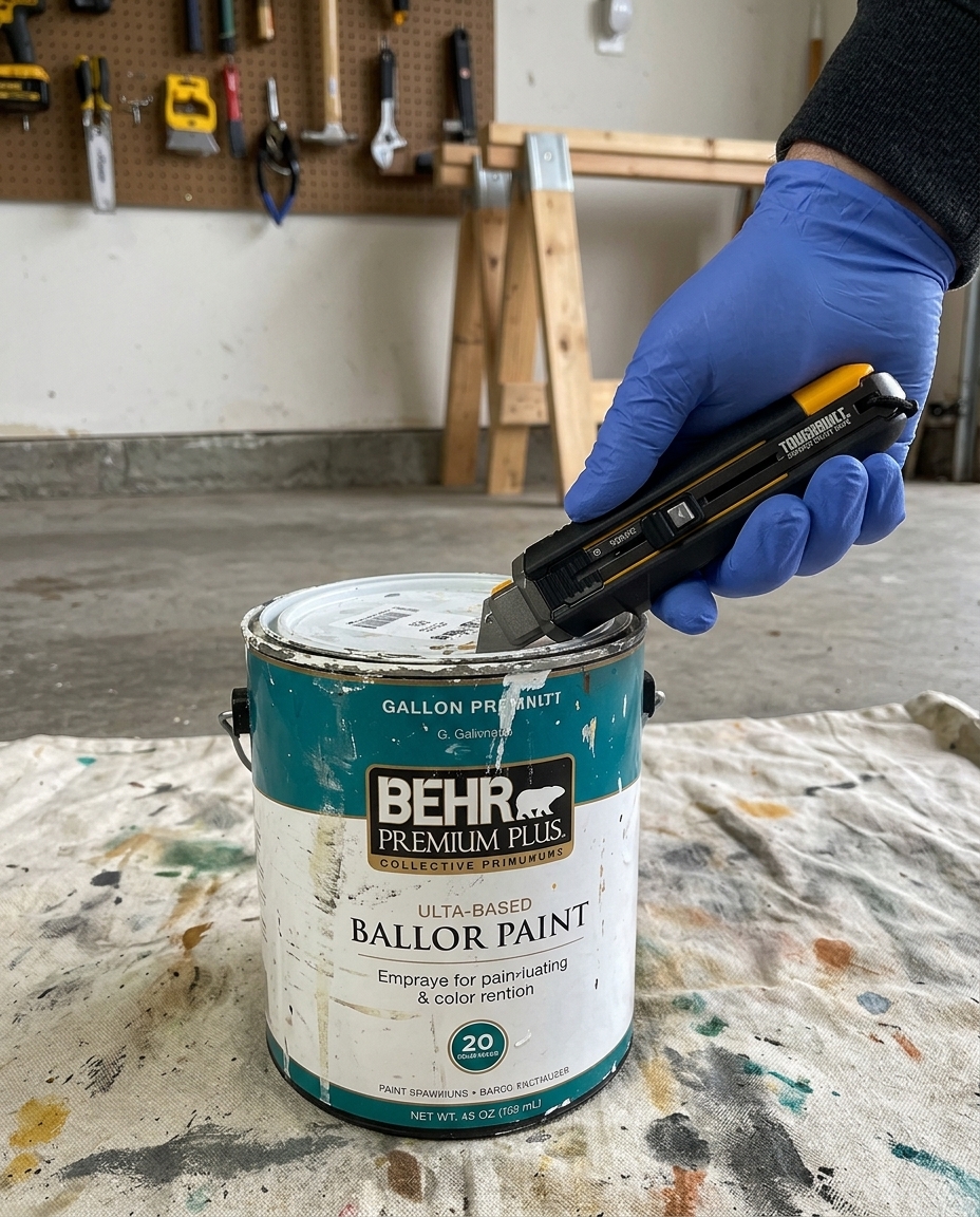 Popping a paint can lid with the integrated pry tab