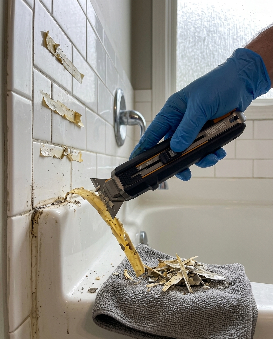 Scoring and cleaning a caulk line