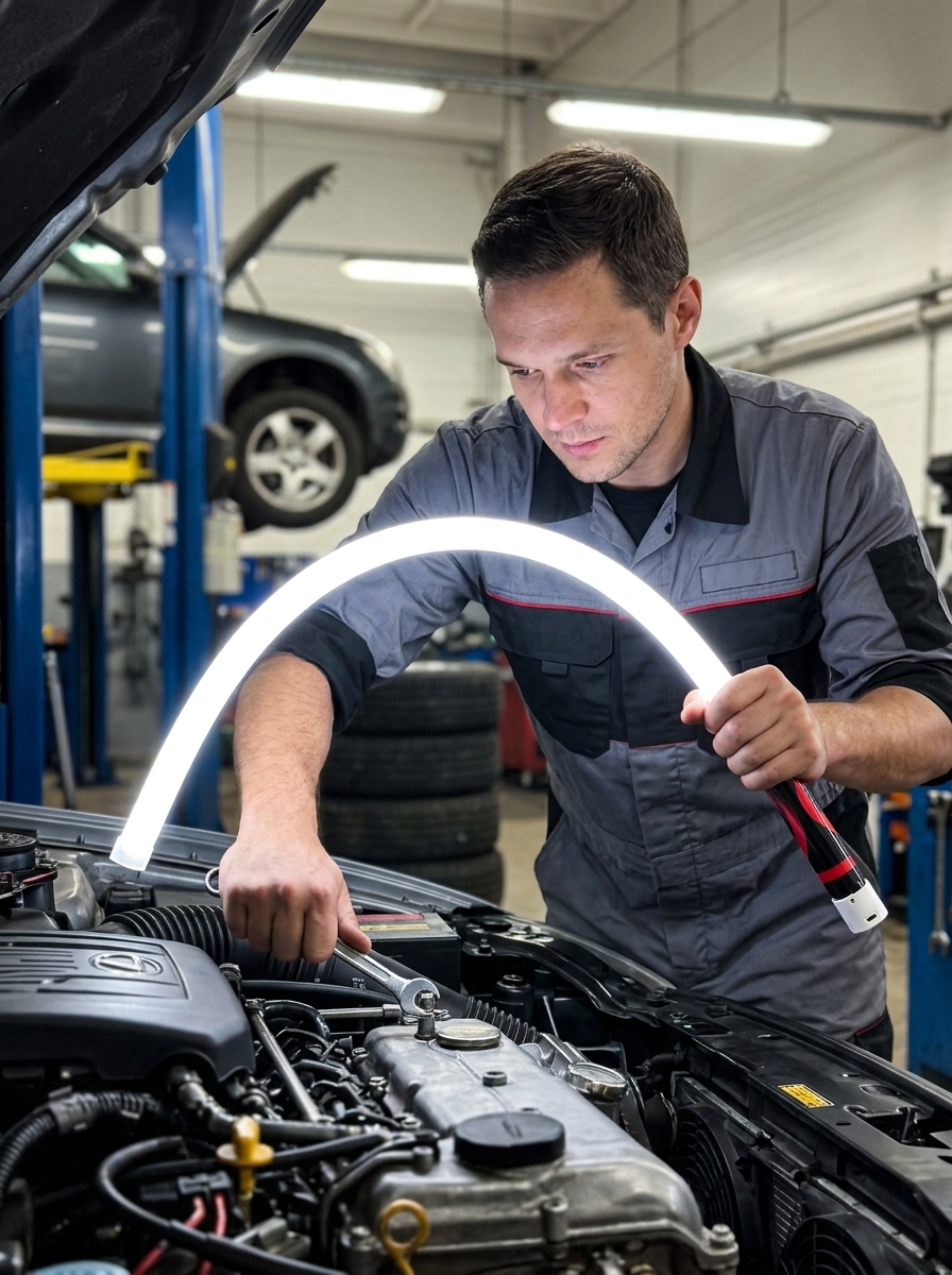 FlexiLight flexible work light wrapped around strut tower in dark engine bay illuminating mechanic working hands-free