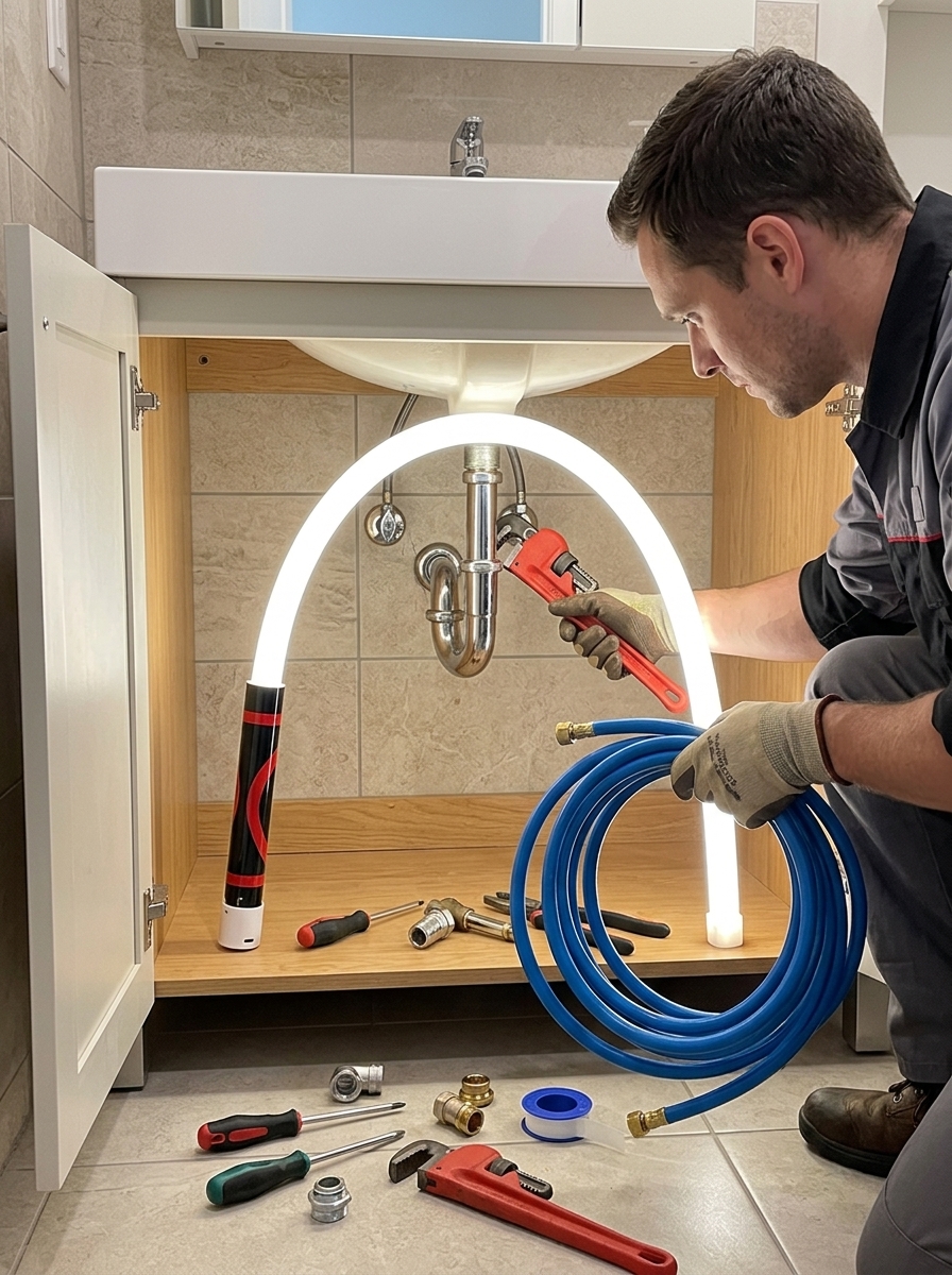Plumber under sink using flexible work light