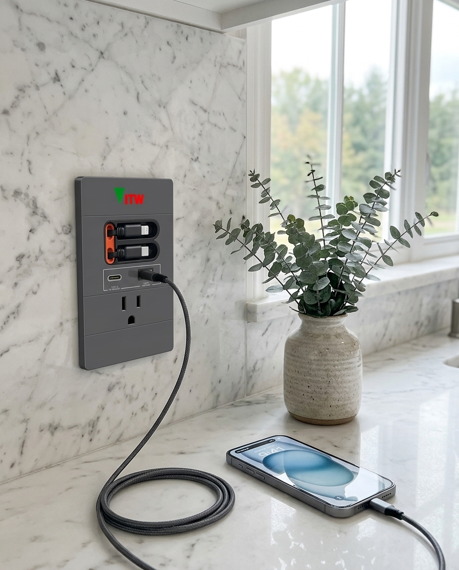Clean nightstand with in-wall charging outlet, no visible cables