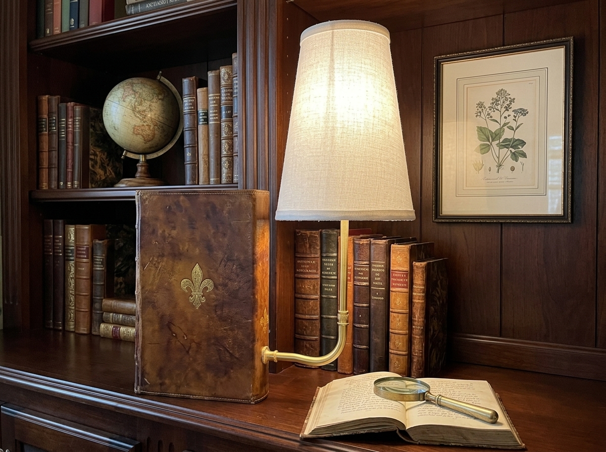 Lamp styled in a dark academia bookshelf