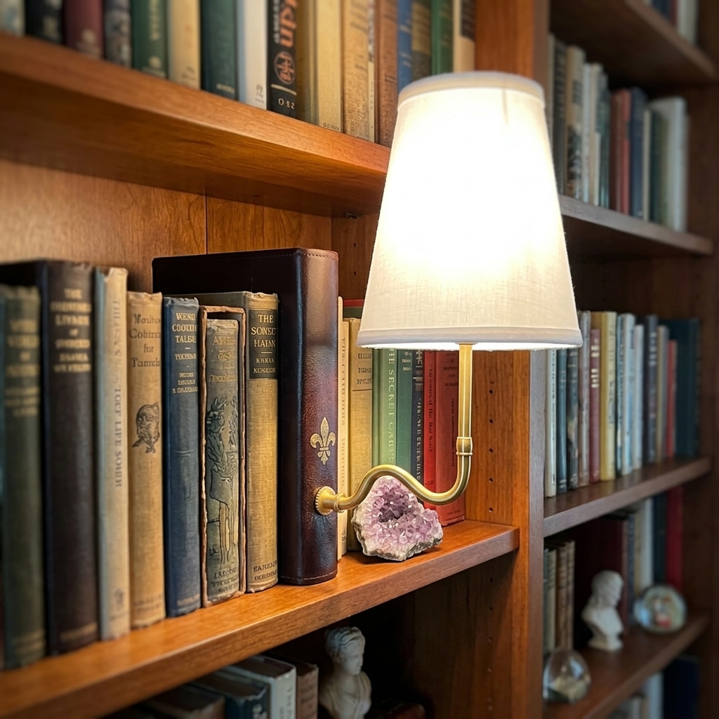 Side profile of the sculpted book-stack base