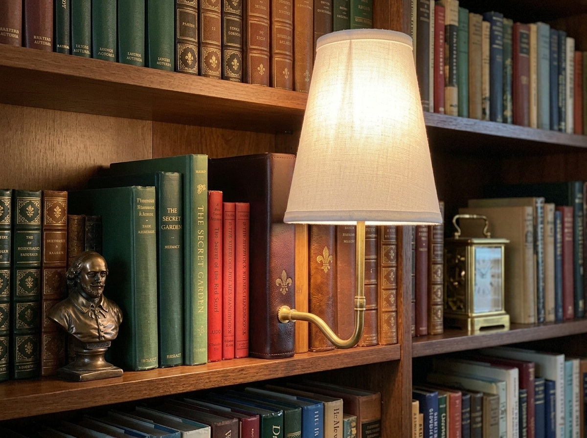 Lamp on a traditional library bookshelf