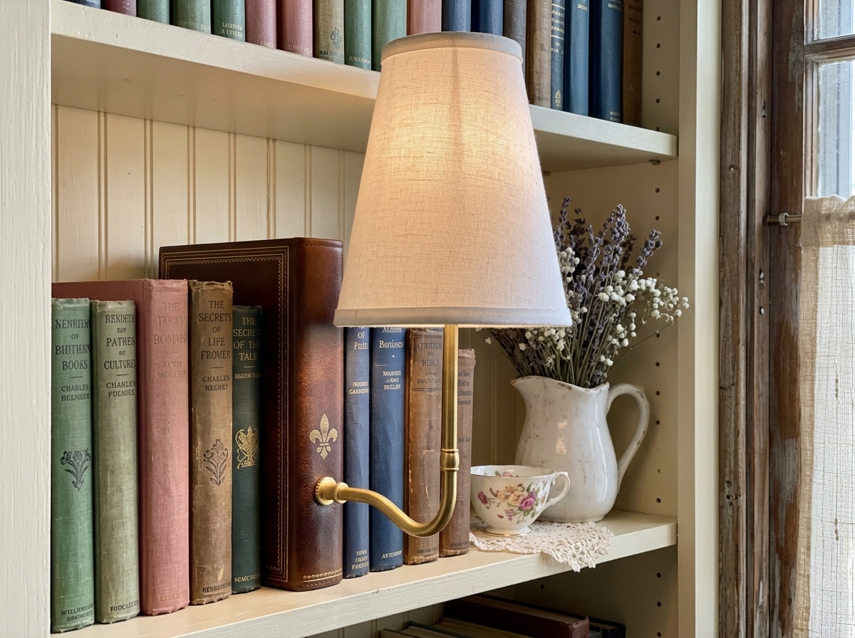Lamp styled in a cottagecore reading nook