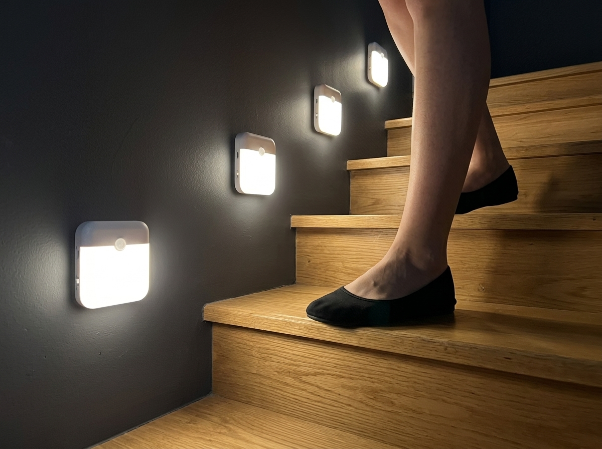 Motion sensor light glowing softly in a dark hallway