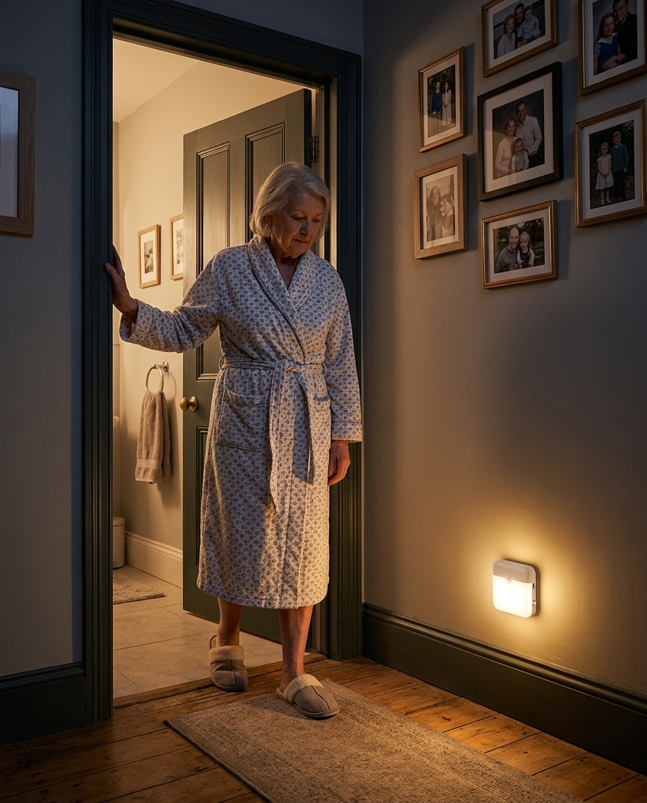 Warm motion sensor light glowing softly in an older person's hallway at night