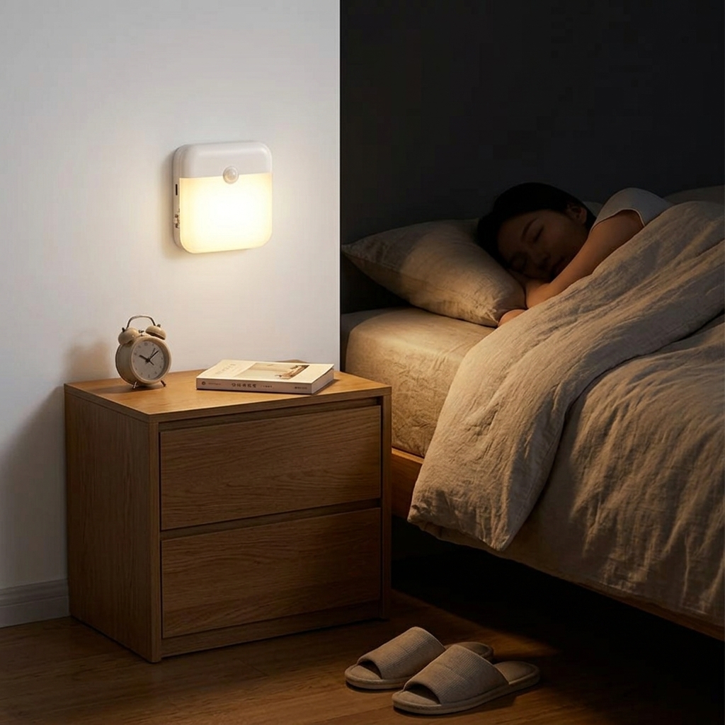 Soft warm glow from a motion sensor light in a dark bedroom hallway