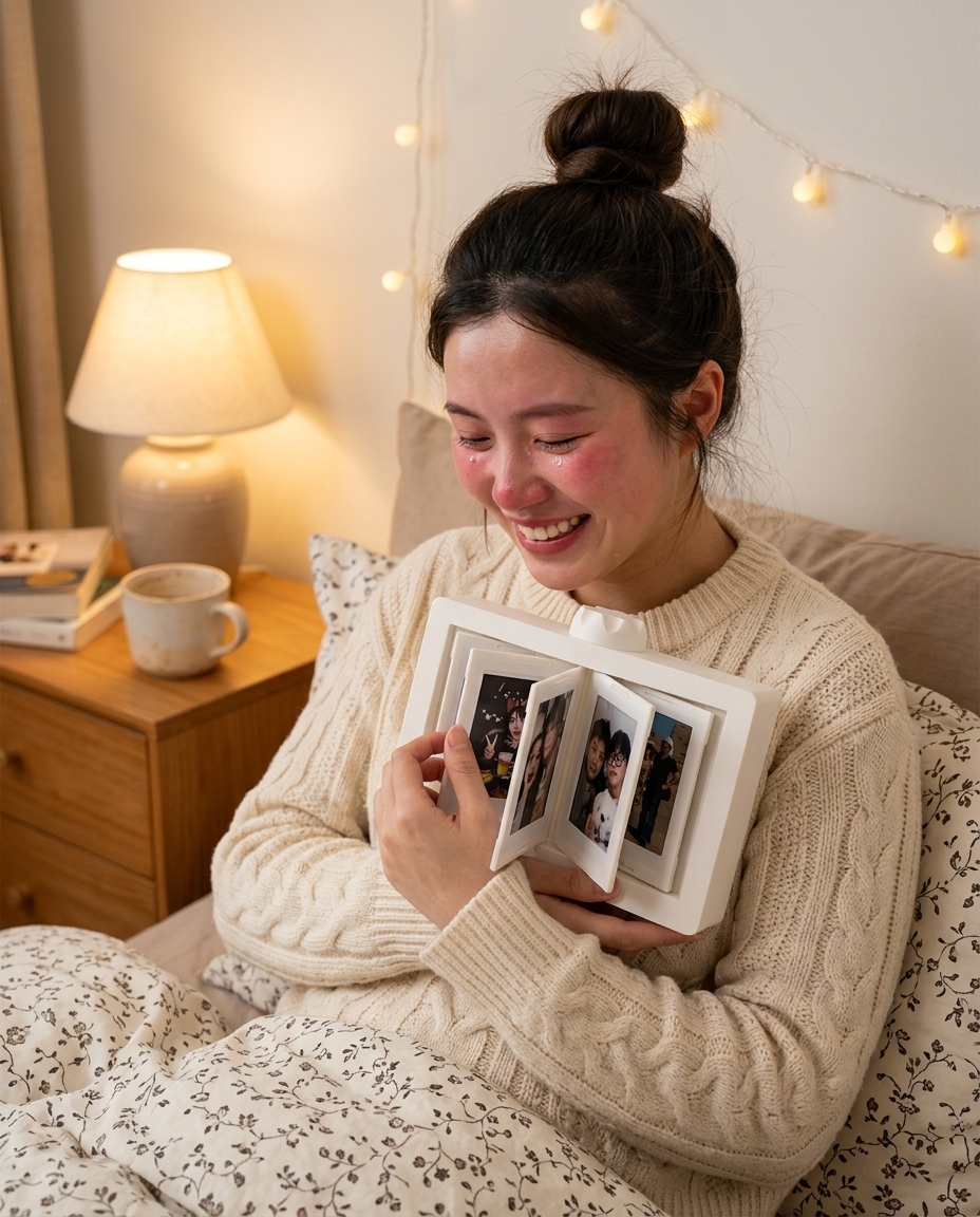 Mother holding the wooden rotating photo frame, emotionally moved, in soft window light