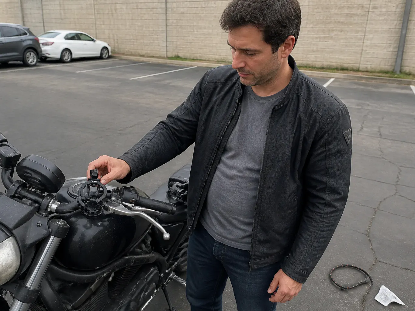 Rider photo of a bottle in the cage at a fuel stop