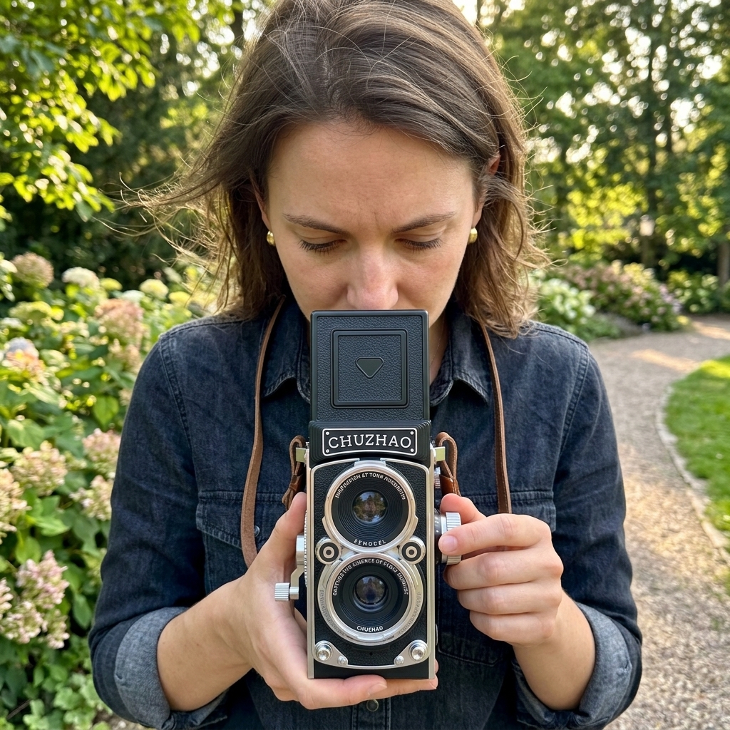 Person looking down into the viewfinder