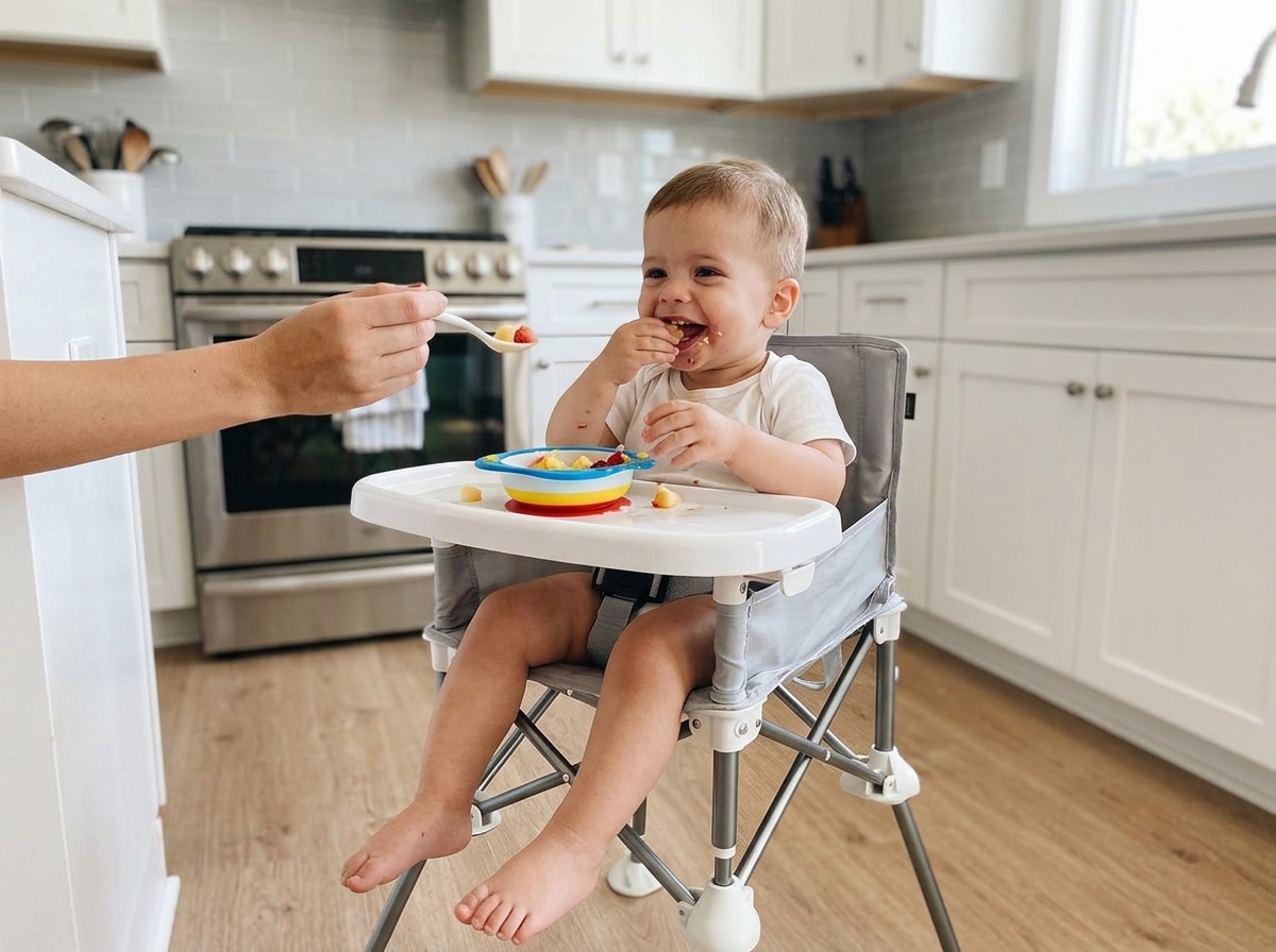 Baby happily seated in the All-In-One Folding Chair at a restaurant table