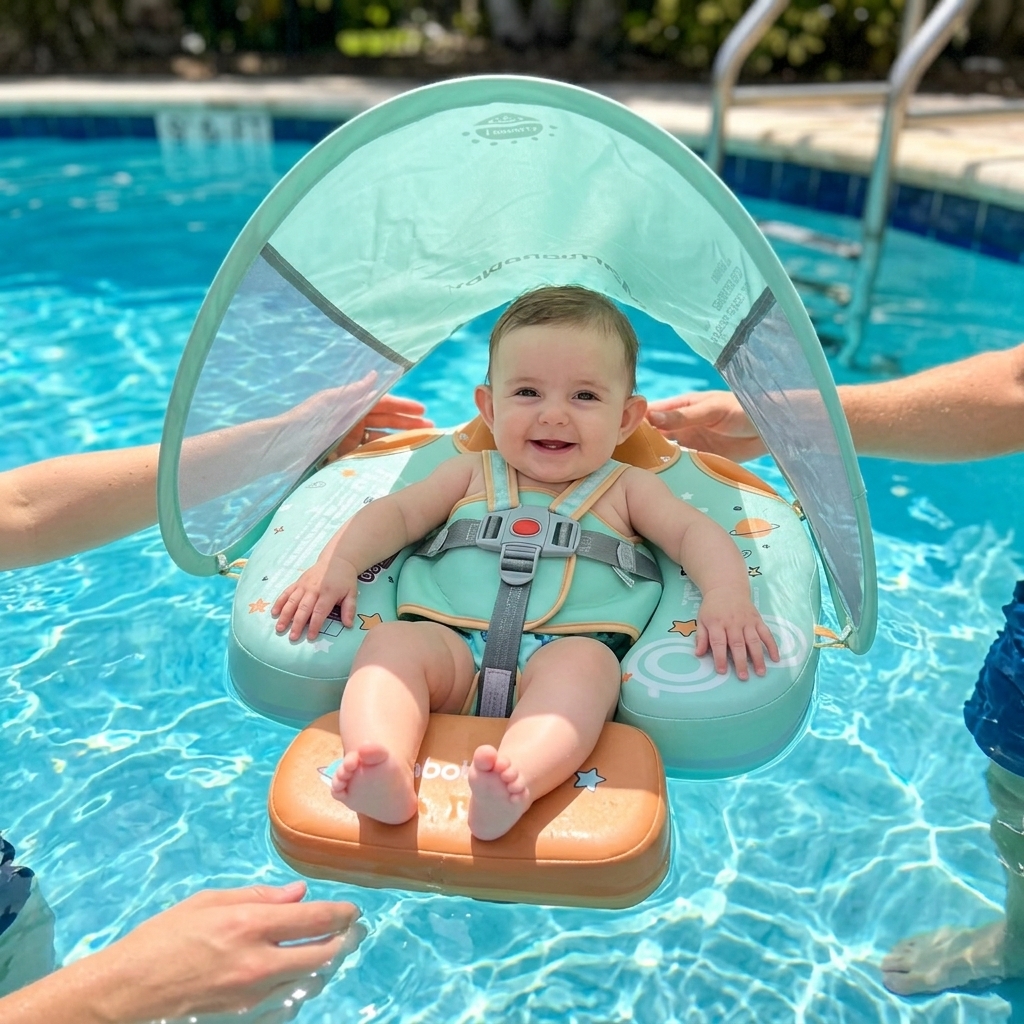 Happy baby floating safely in Floatsy non-inflatable pool float with sun canopy