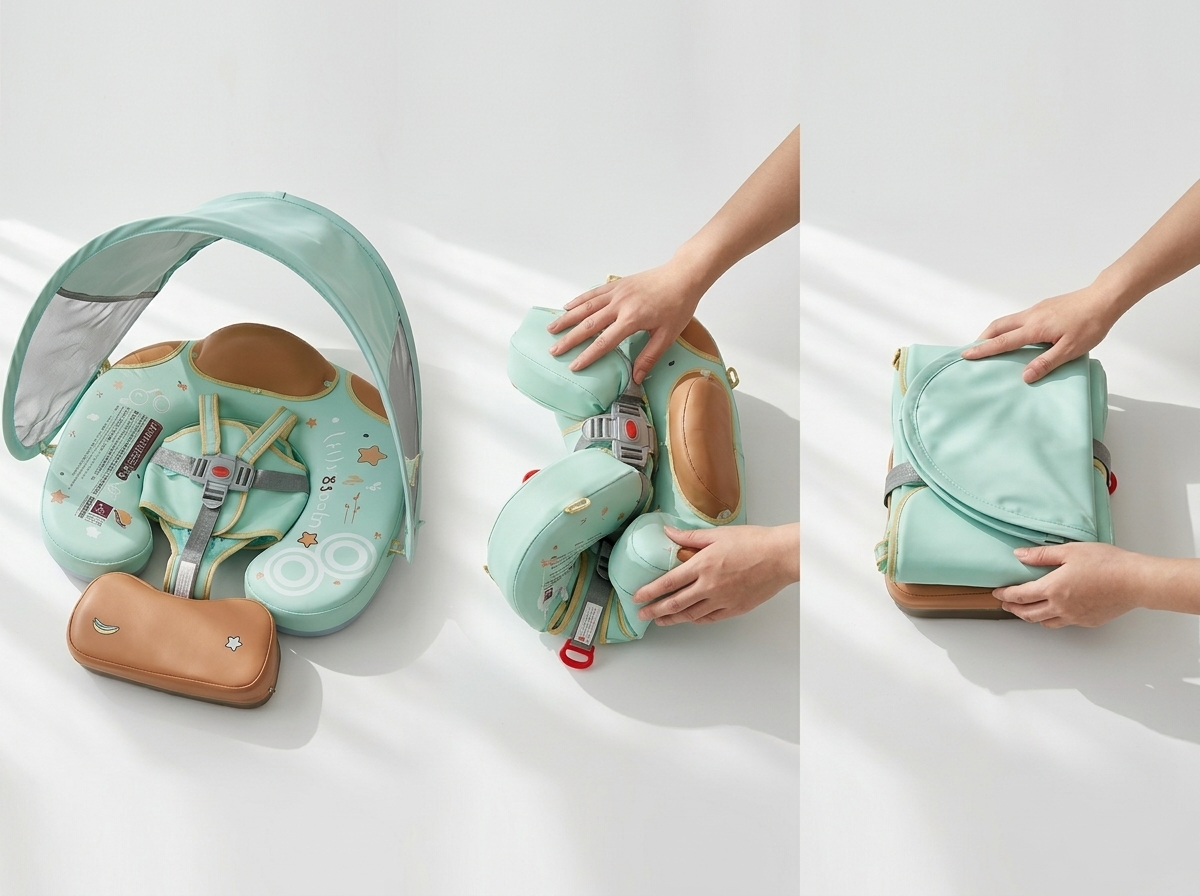 Floatsy baby float folded flat to fit inside a carry-on suitcase