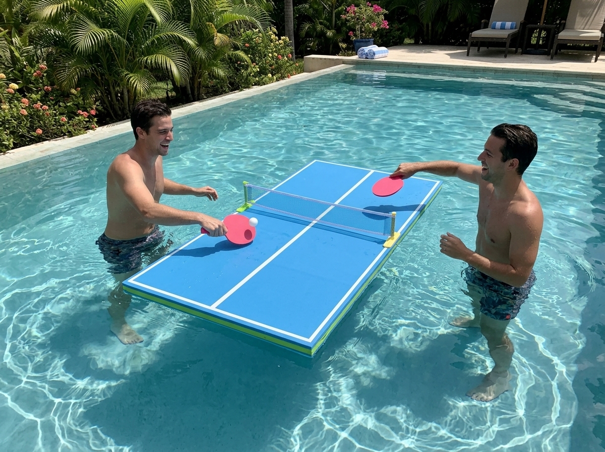 PoolPong floating ping pong table being played in a pool