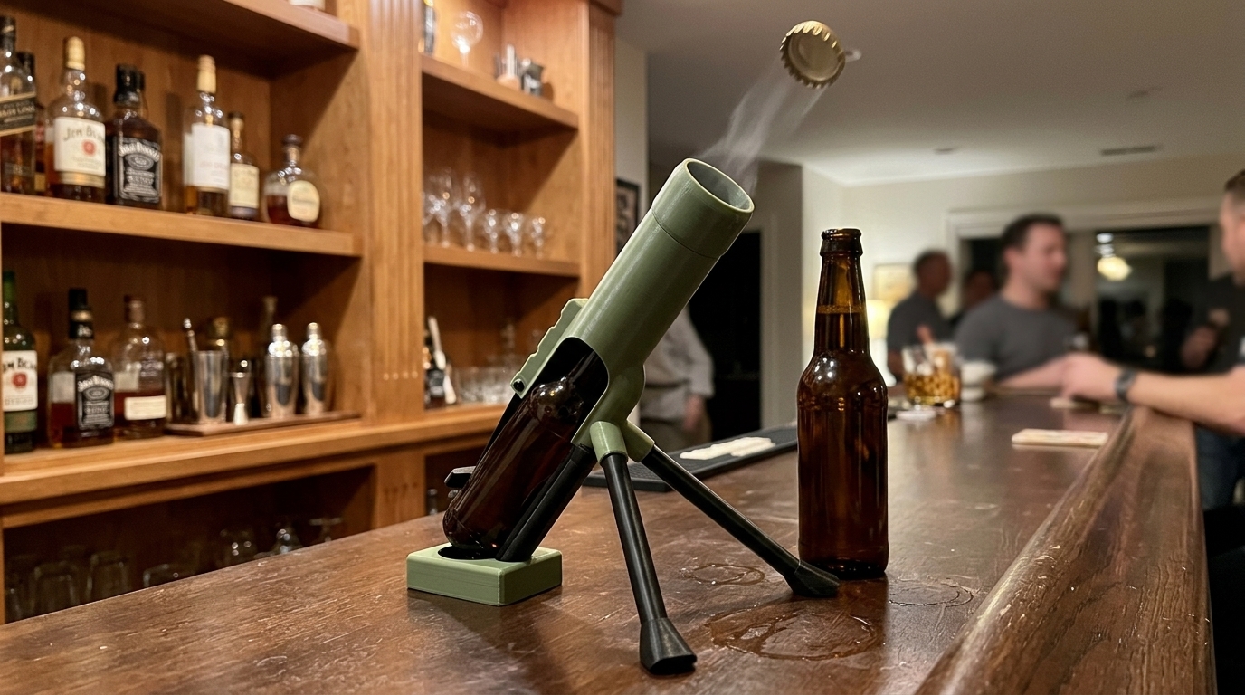 Beer Bottle Mortar Opener launching a beer cap into the air