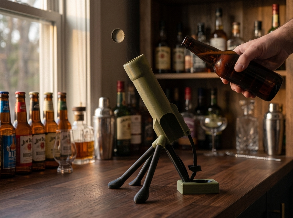 Beer Bottle Mortar Opener launching a bottle cap into the air