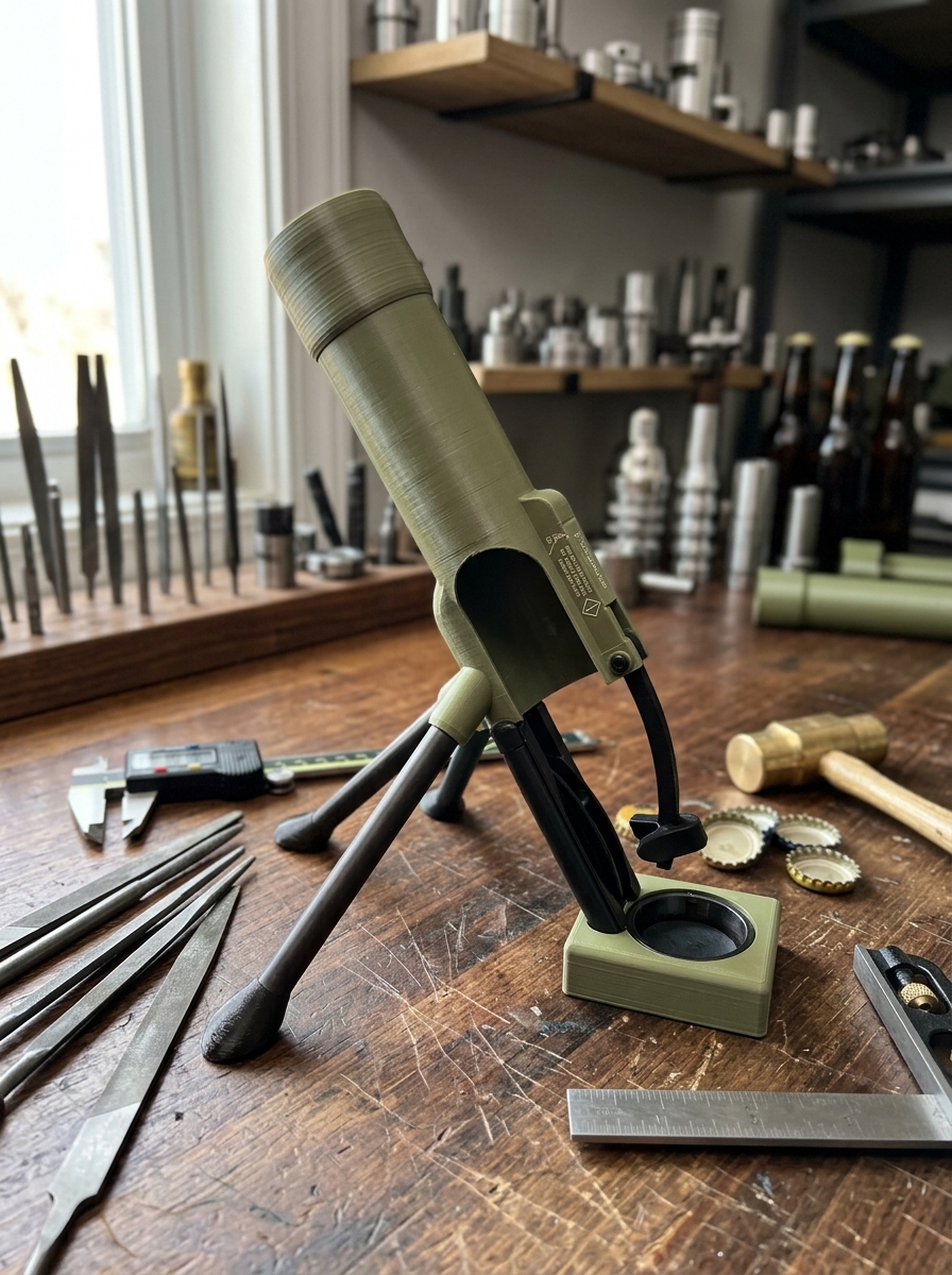 Close-up of the Beer Bottle Mortar Opener showing heavy-duty metal construction