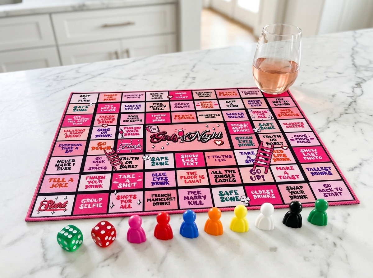 Girls Night Drinking Game Board mat with dice and game pieces