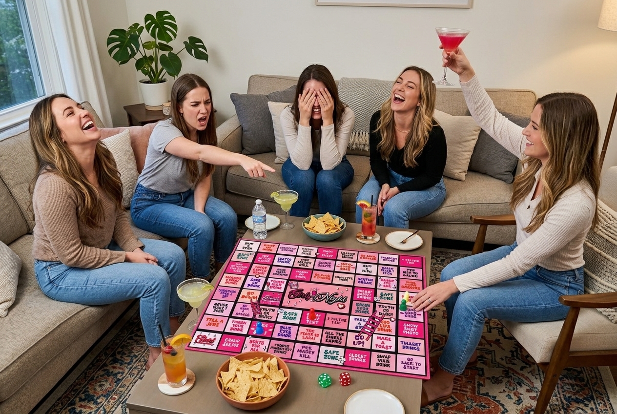 Women laughing while playing the Girls Night Drinking Game Board