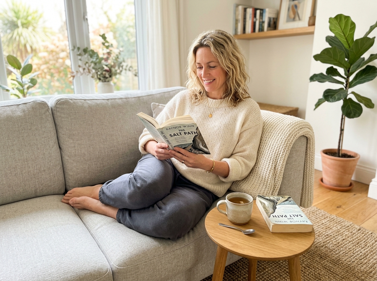 Woman relaxed and comfortable on her couch in evening, smiling