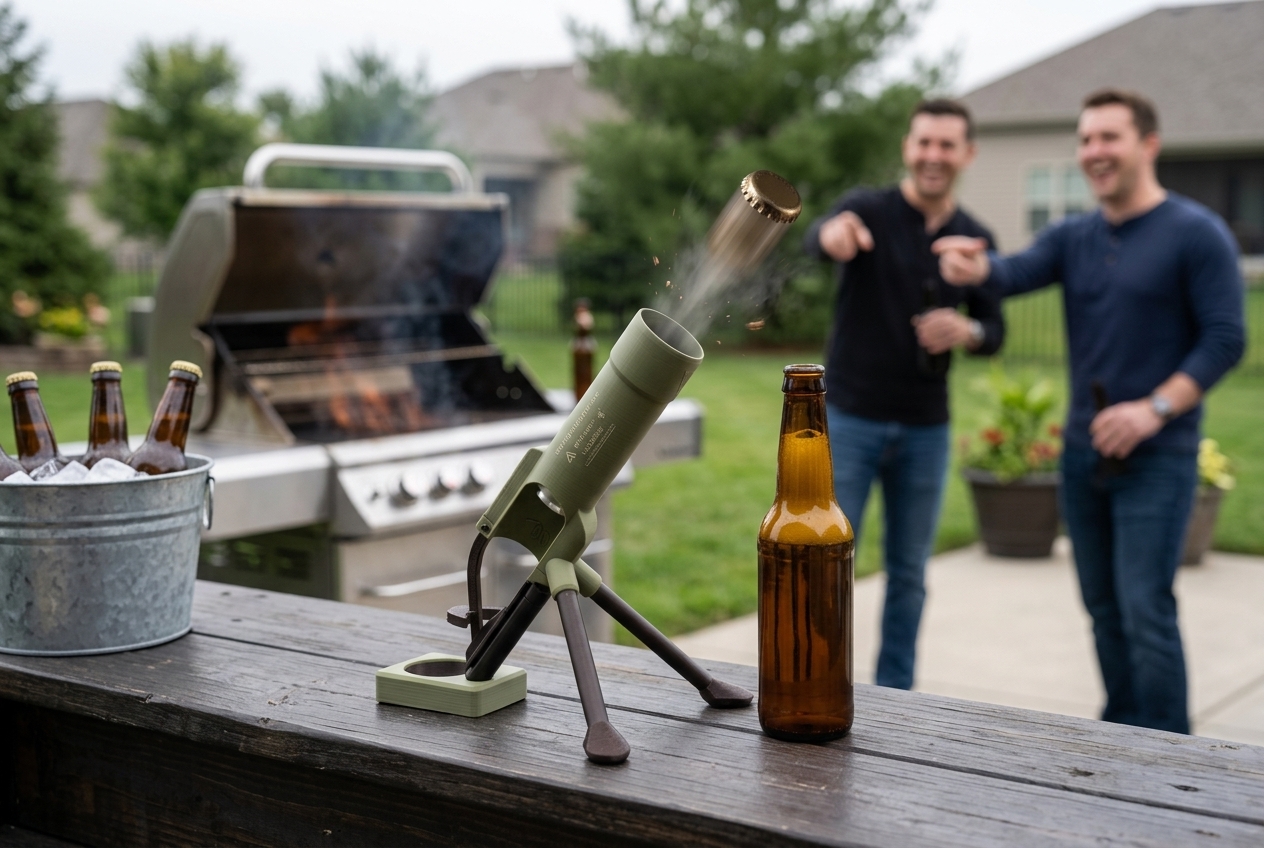 Tactical Beer Opener launching a cap on a dark bar top