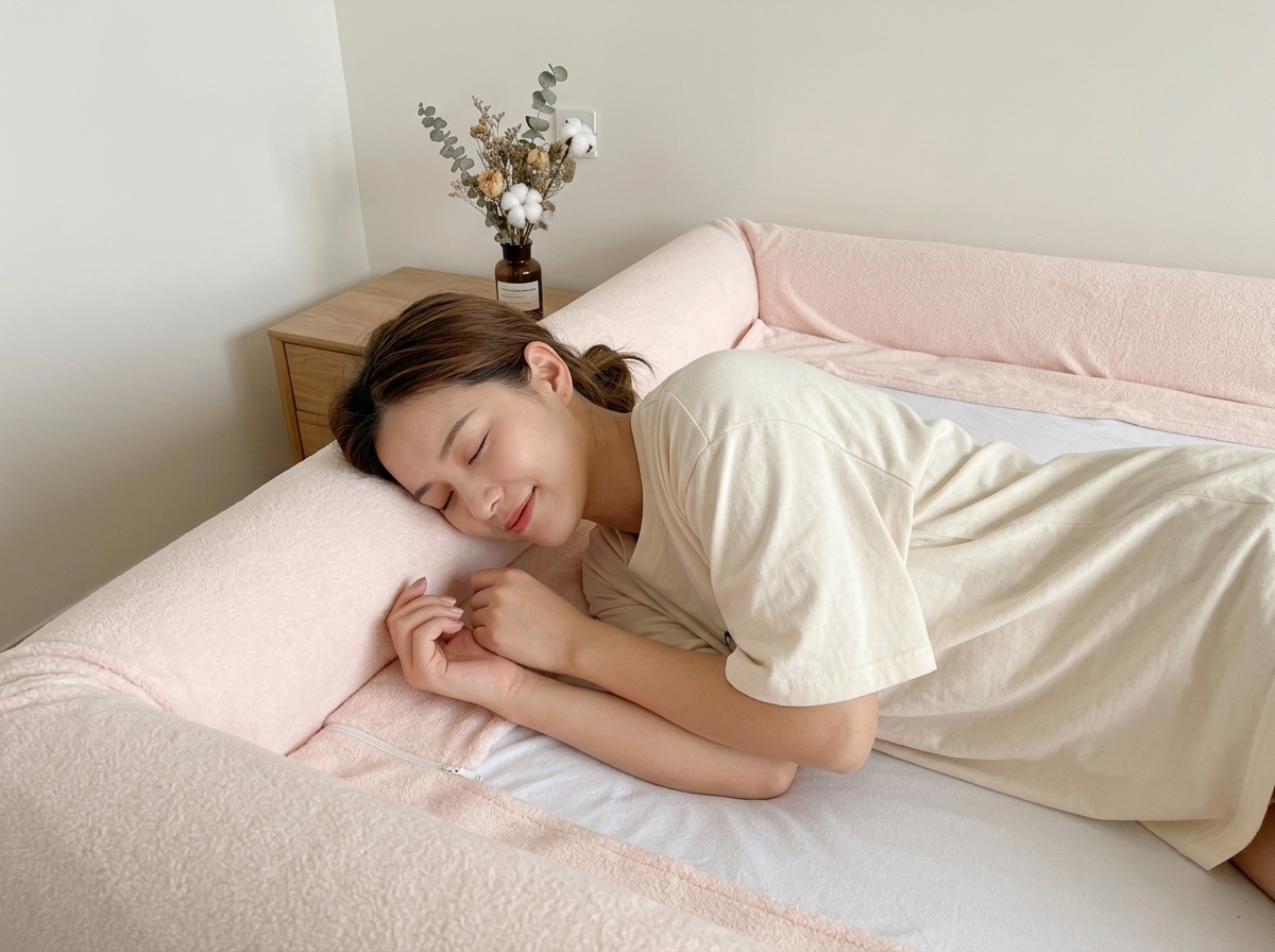Person nestled in Border Bed Sheets at night with ambient lamp light
