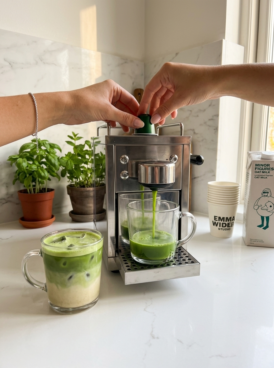 Venator matcha pod brewing a vibrant green matcha latte in Nespresso machine