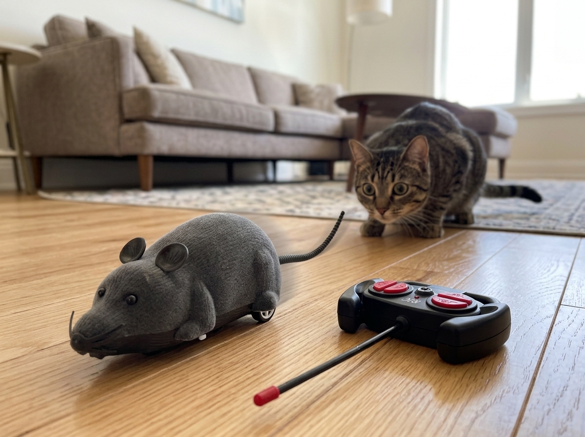 Realistic remote control mouse toy with flocked fur on hardwood floor