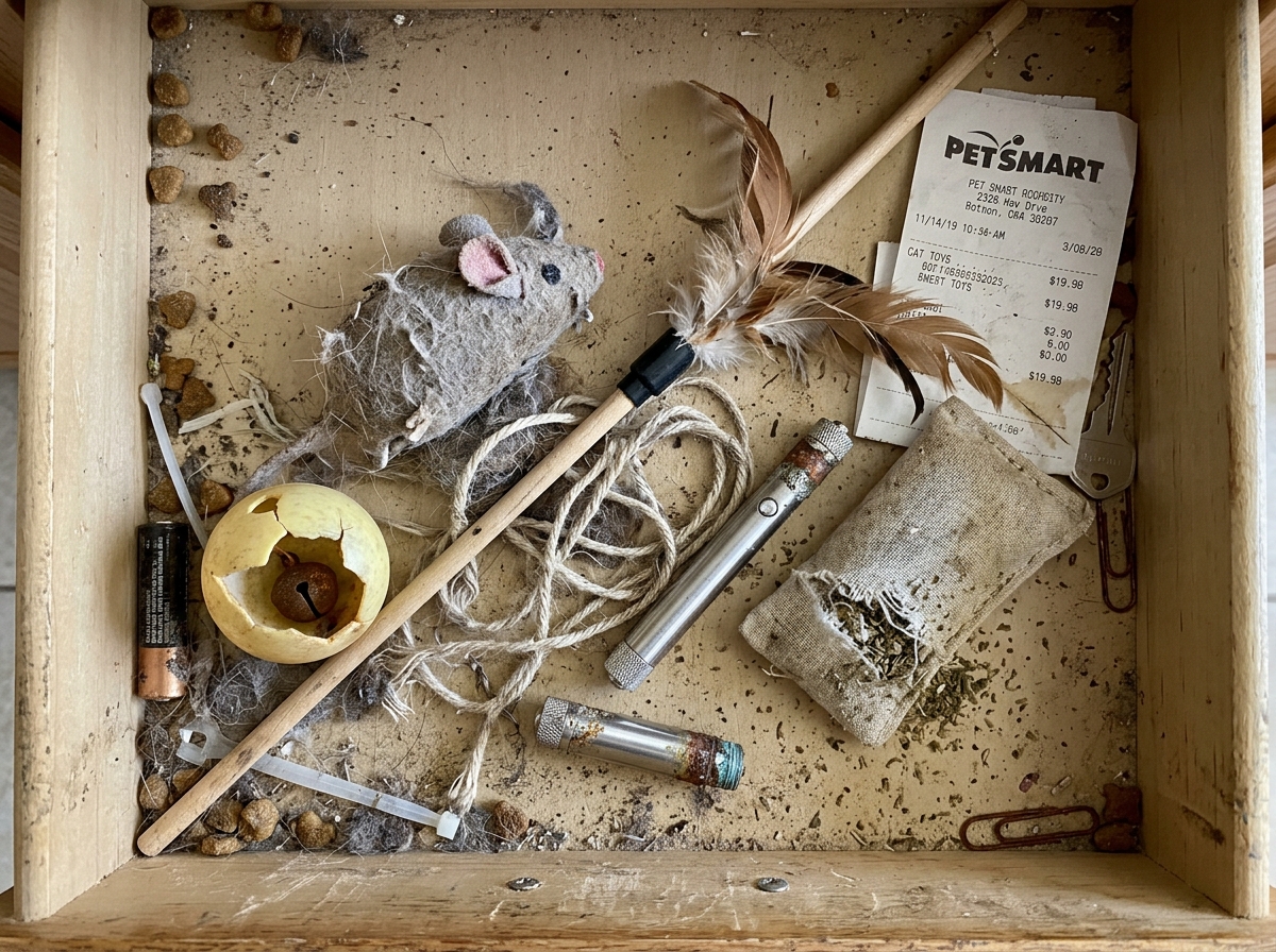 A drawer full of broken cheap cat toys and ignored prank mice