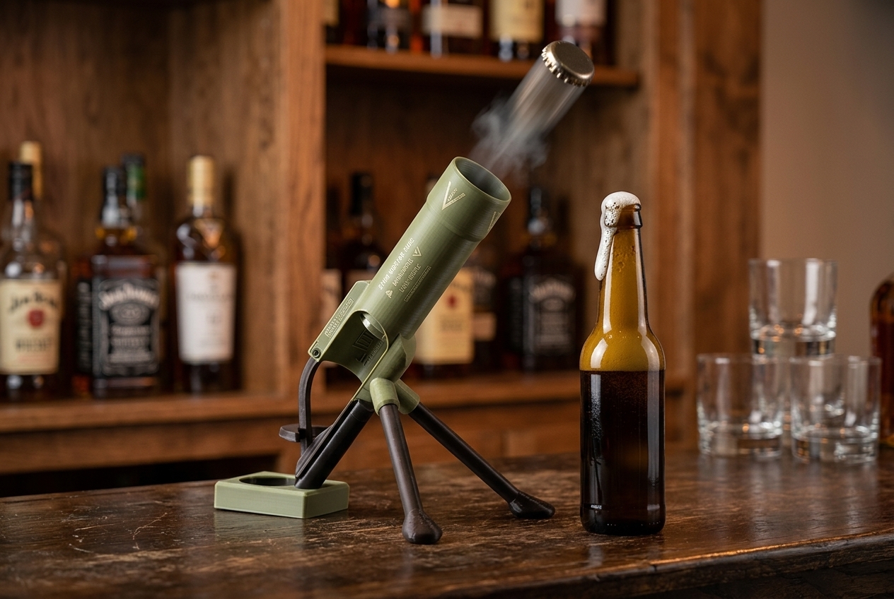 Man using Tactical Beer Opener at home bar