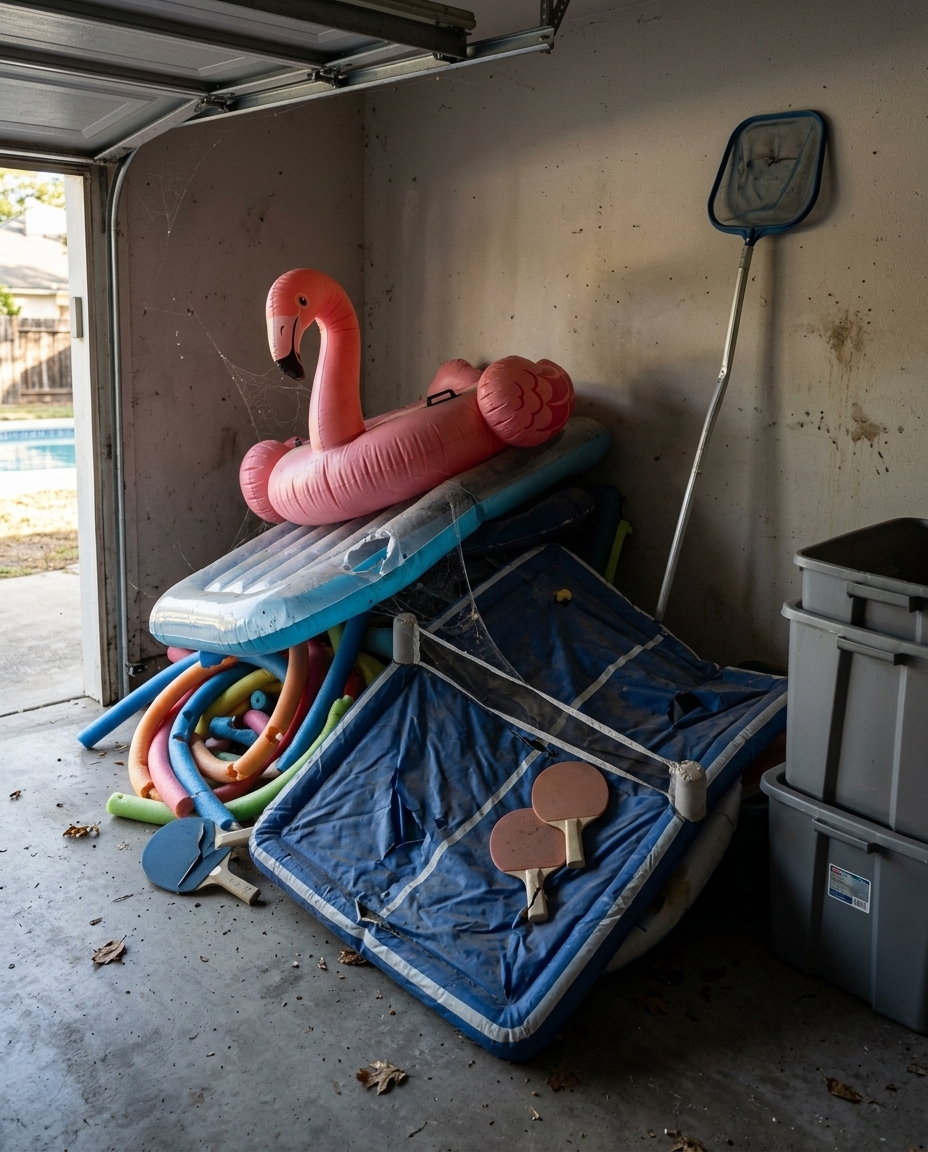 Pile of broken pool toys in a garage