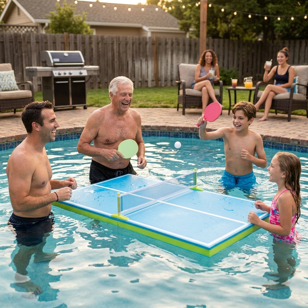 Family playing pool ping pong with kids and grandparents