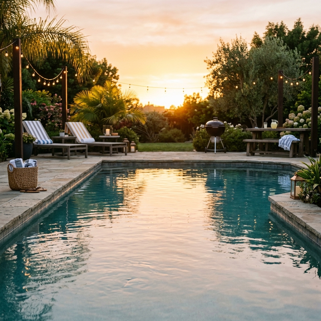 Sunset pool with floating ping pong table ready to play