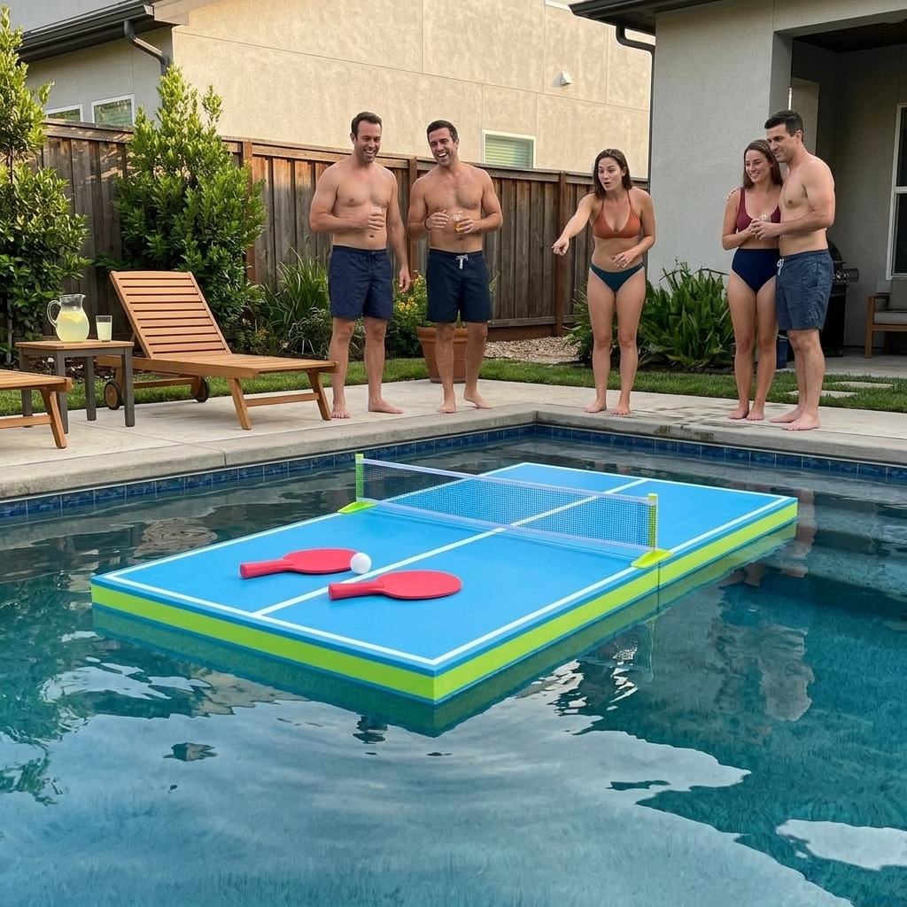 Pool party with floating ping pong table